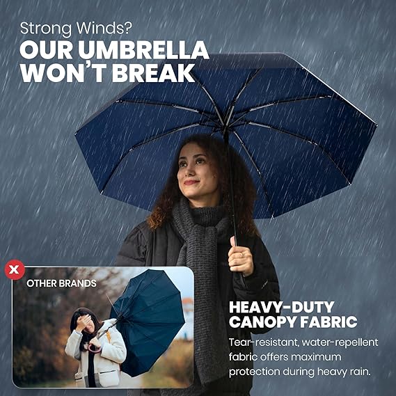 Windproof Compact Umbrellas for Rain - Strong Design & Auto Open & Close - Portable Folding Travel -All-weather-Light & Portable for Women & Men,Navy