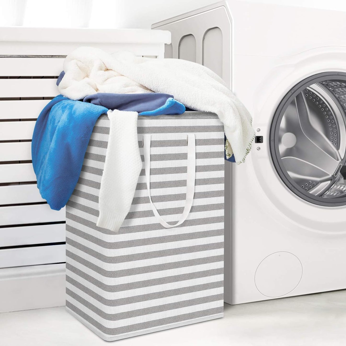 2-Pack Large Laundry Basket, Waterproof, Freestanding Laundry Hamper, Collapsible Tall Clothes Hamper with Extended Handles for Clothes Toys (Stripe)