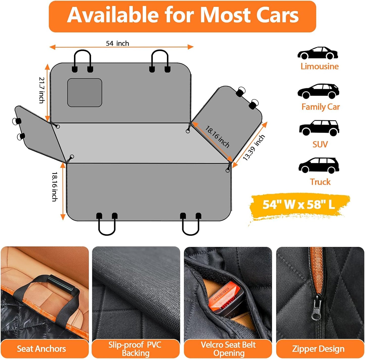 Back Seat Extender for Dogs, Waterproof Dog Car Seat Cover, Sturdy Pets Backseat Protector Full surround and Storage Pocket for Car SUV Truck,Orange