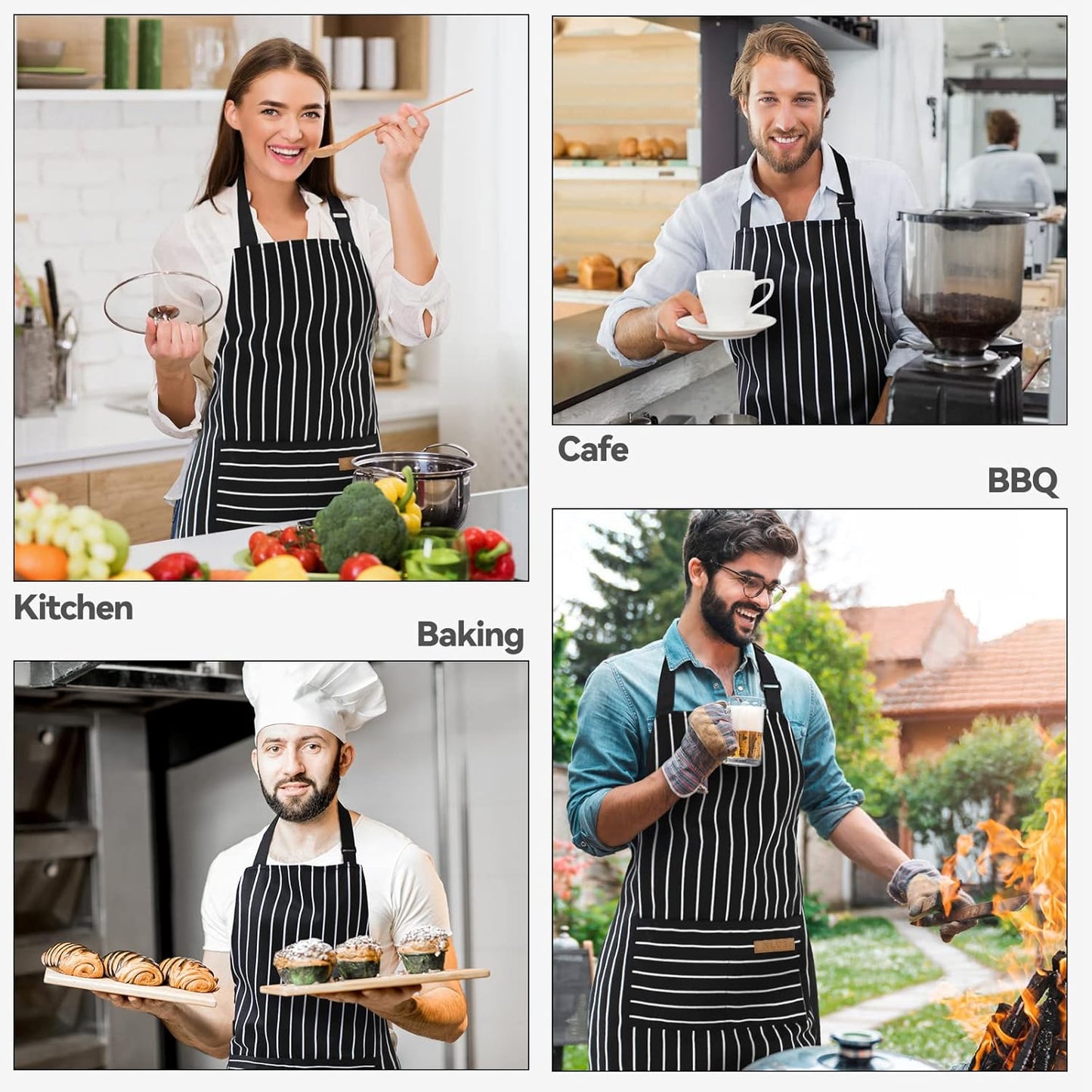 2 Pack Kitchen Cooking Aprons, Adjustable Bib Soft Chef Apron with 2 Pockets for Men Women(Black/Black)