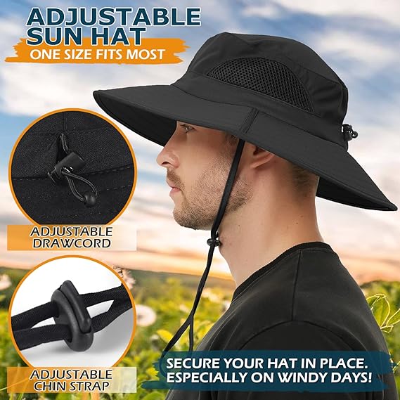 Unisex Sun Hat, Waterproof Wide Brim Bucket Hat Packable Boonie Hat for Fishing Hiking Gardening Safari Beach,Black