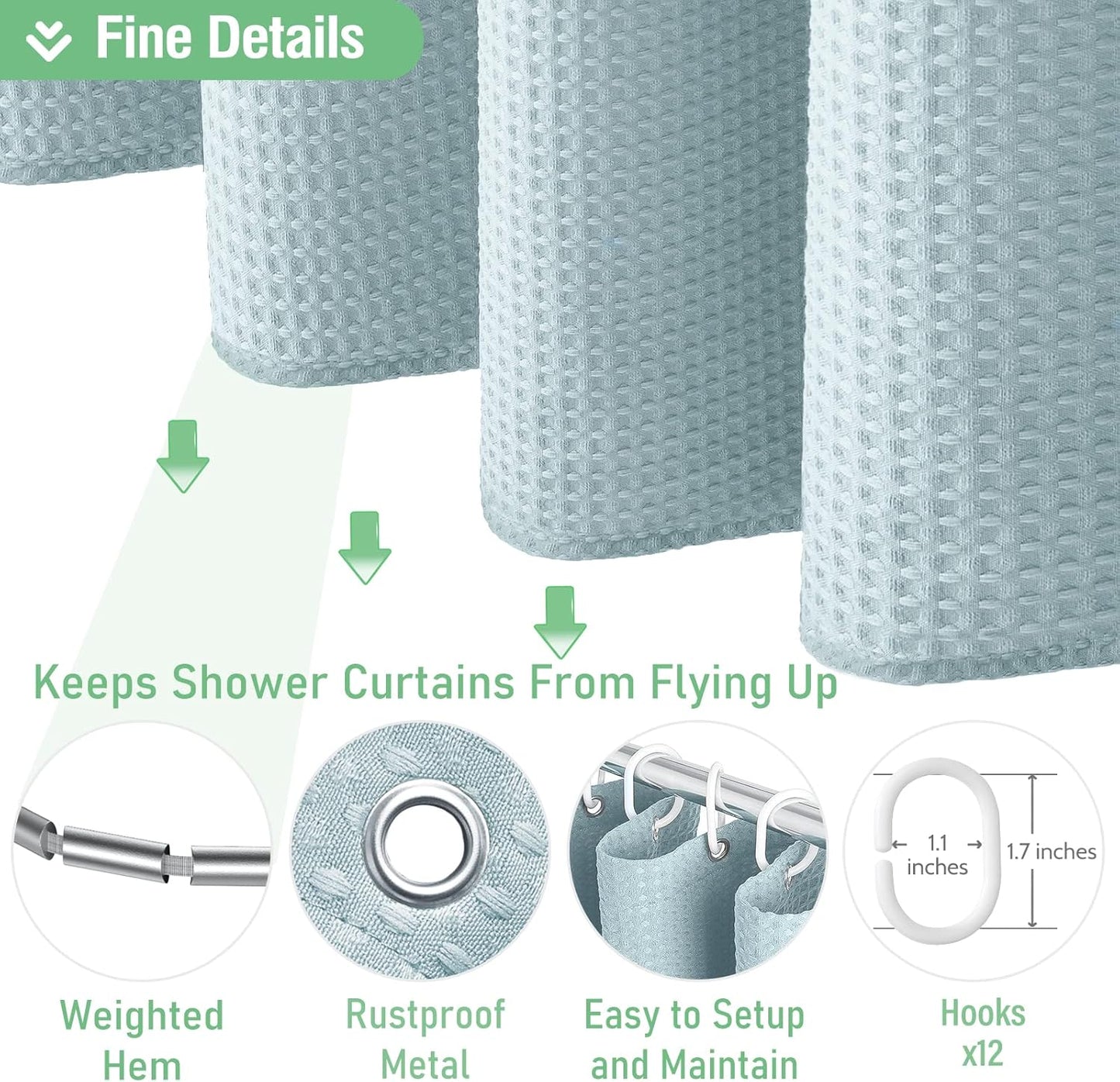 Fabric Shower Curtain - Waffle Weave Weighted Thick Cloth Shower Curtains for Bathroom, Hotel Spa Luxury Bath Curtain Set with 10 Hooks,Fog Blue