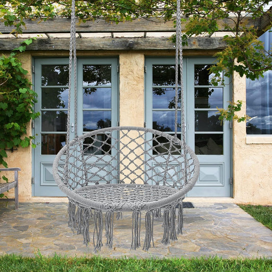 Macrame Hammock Hanging Rocking Chair, Suitable for Bedroom, Outdoor, Children, Adults, Huge Load-bearing Capacity(Light Grey)