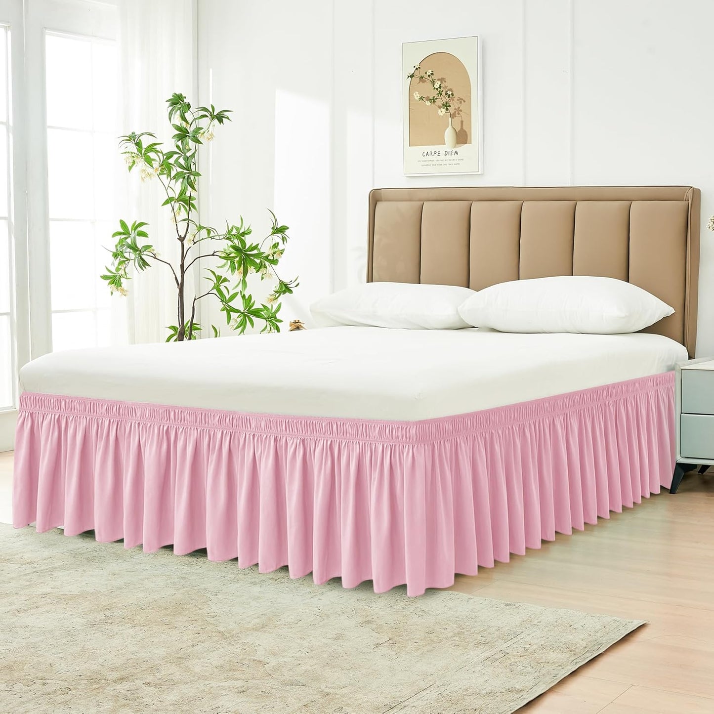 Wrap Around Bed Skirts 15" Drop, Aqua Adjustable Elastic Dust Ruffles Easy Fit Wrinkle & Fade Resistant Machine Washable ,Pink