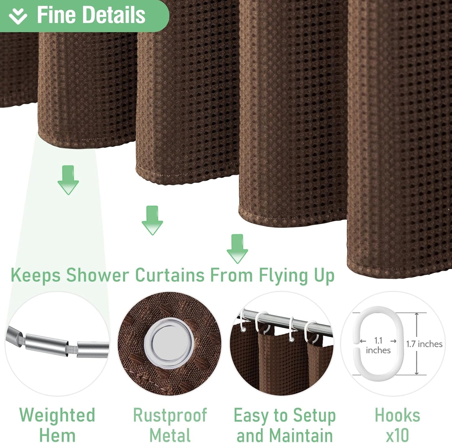 Fabric Shower Curtain - Waffle Weave Weighted Thick Cloth Shower Curtains for Bathroom, Hotel Spa Luxury Bath Curtain Set with 10 Hooks,Brown