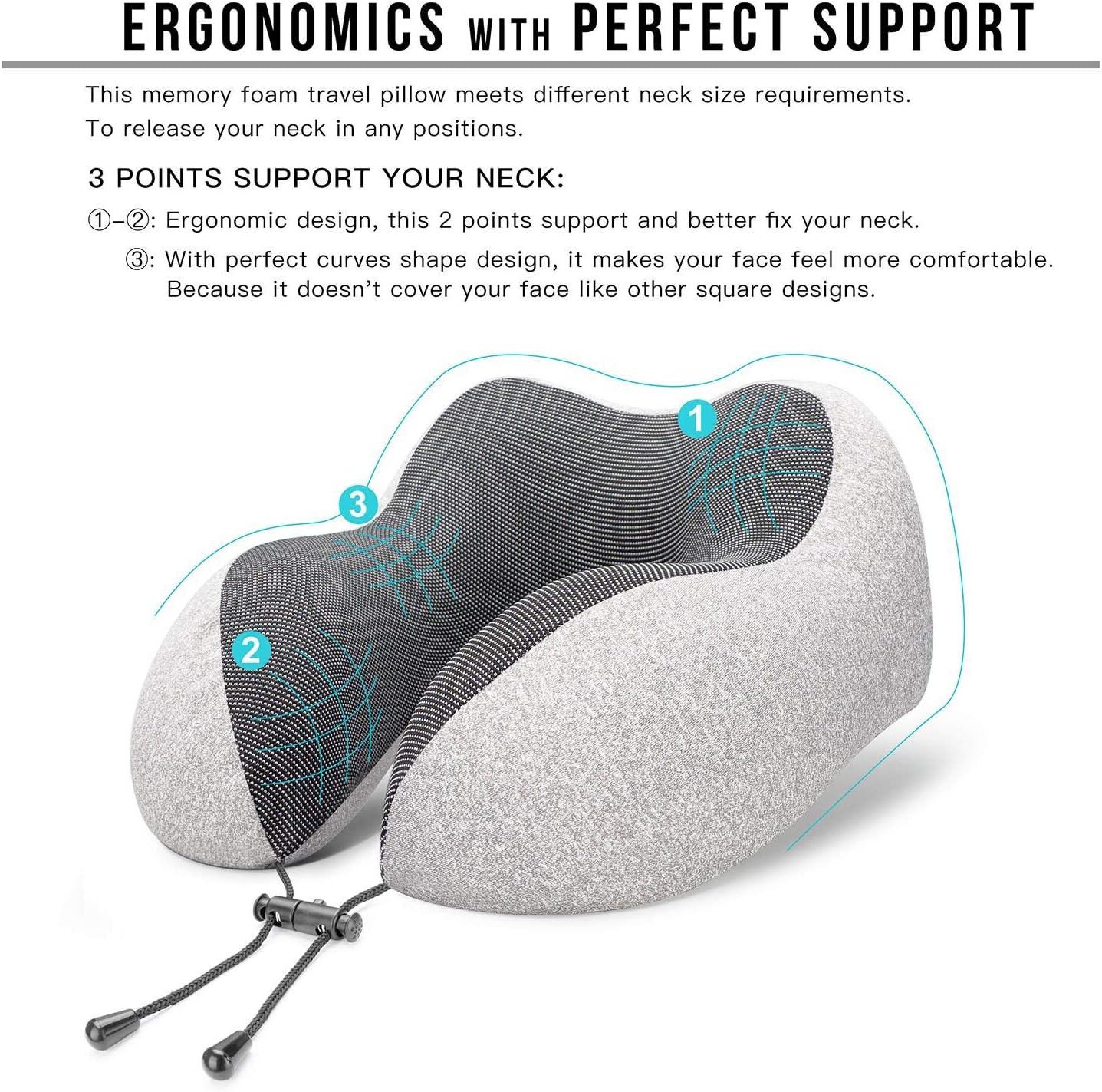 Travel Pillow 100% Pure Memory Foam Neck Pillow, Comfortable & Breathable Cover - Machine Washable, Airplane Travel Kit with 3D Sleep Mask, Earplugs, and Luxury Bag, Light Grey