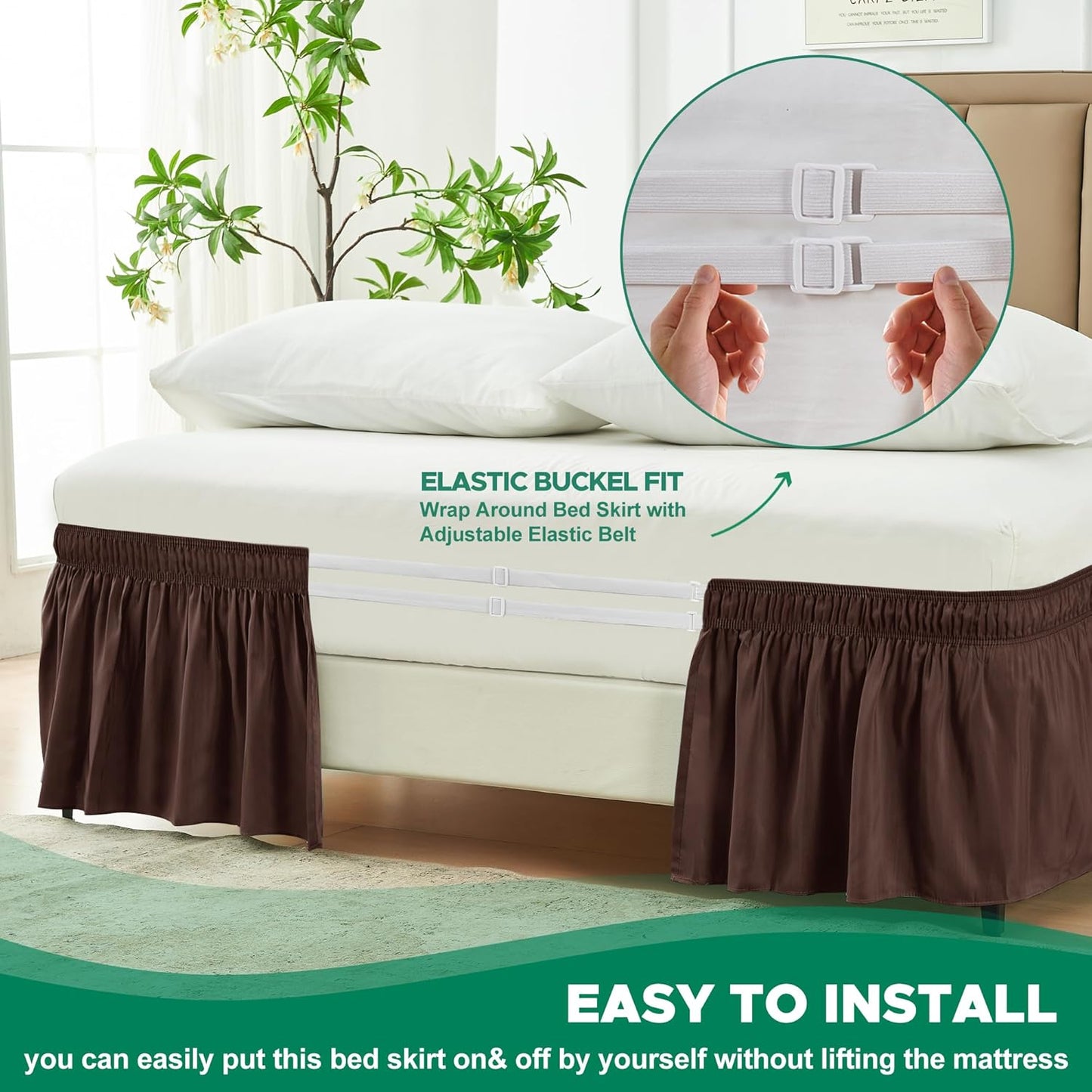 Wrap Around Bed Skirts 15" Drop, Aqua Adjustable Elastic Dust Ruffles Easy Fit Wrinkle & Fade Resistant Machine Washable ,Brown
