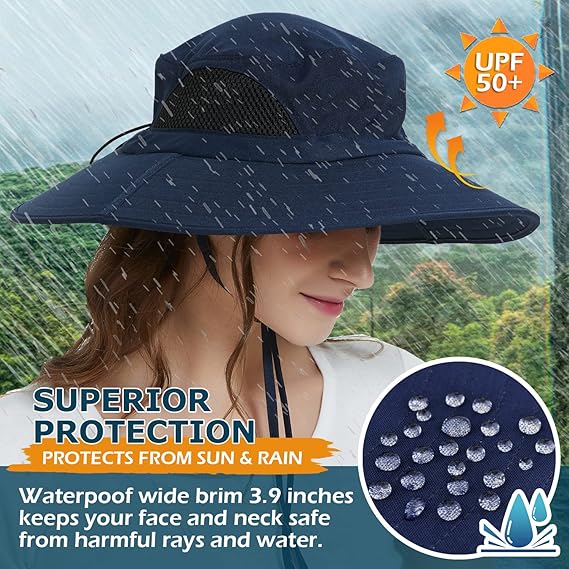 Unisex Sun Hat, Waterproof Wide Brim Bucket Hat Packable Boonie Hat for Fishing Hiking Gardening Safari Beach,Navy