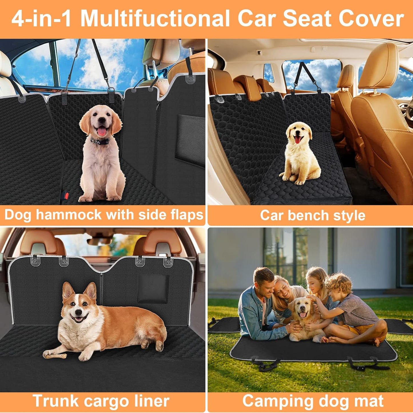 Back Seat Extender for Dogs, Waterproof Dog Car Seat Cover, Sturdy Pets Backseat Protector Full surround and Storage Pocket for Car SUV Truck,Black
