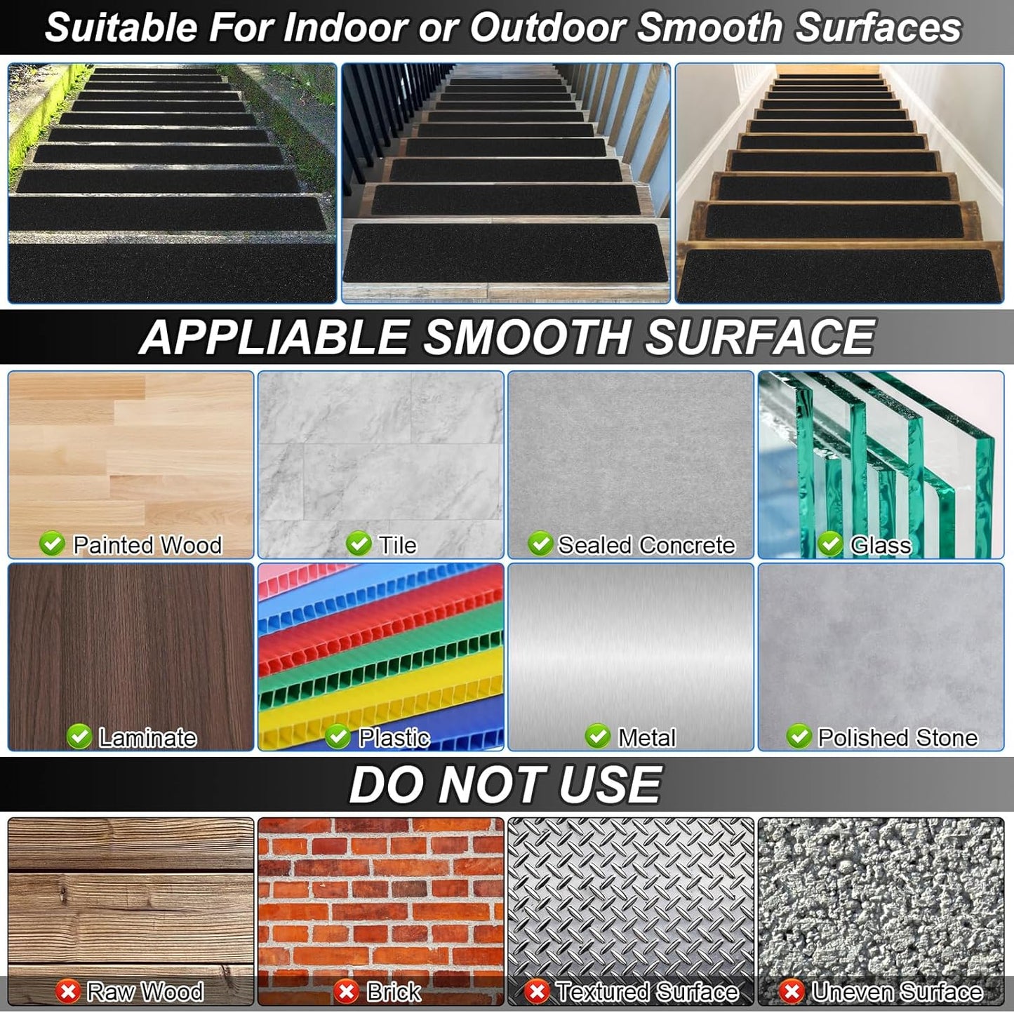 Black Non-Slip Treads for Wooden Steps Indoor Pre-Cut Anti-Slip Strips, Grip Tape Transparent Grips for Wood Stairs, Dogs, Kids and Pets, Waterproof