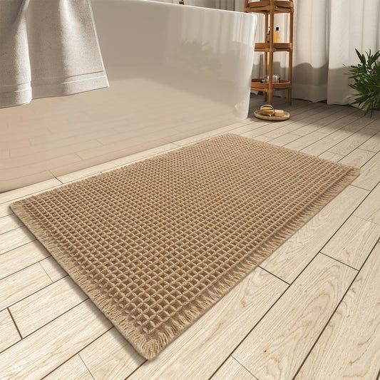 Waffle Bath Mat, Super Absorbent Non Slip Bath Mats for Bathroom Floor, Machine Washable Bathroom Rugs with Tassels,Ultra Soft,Brown