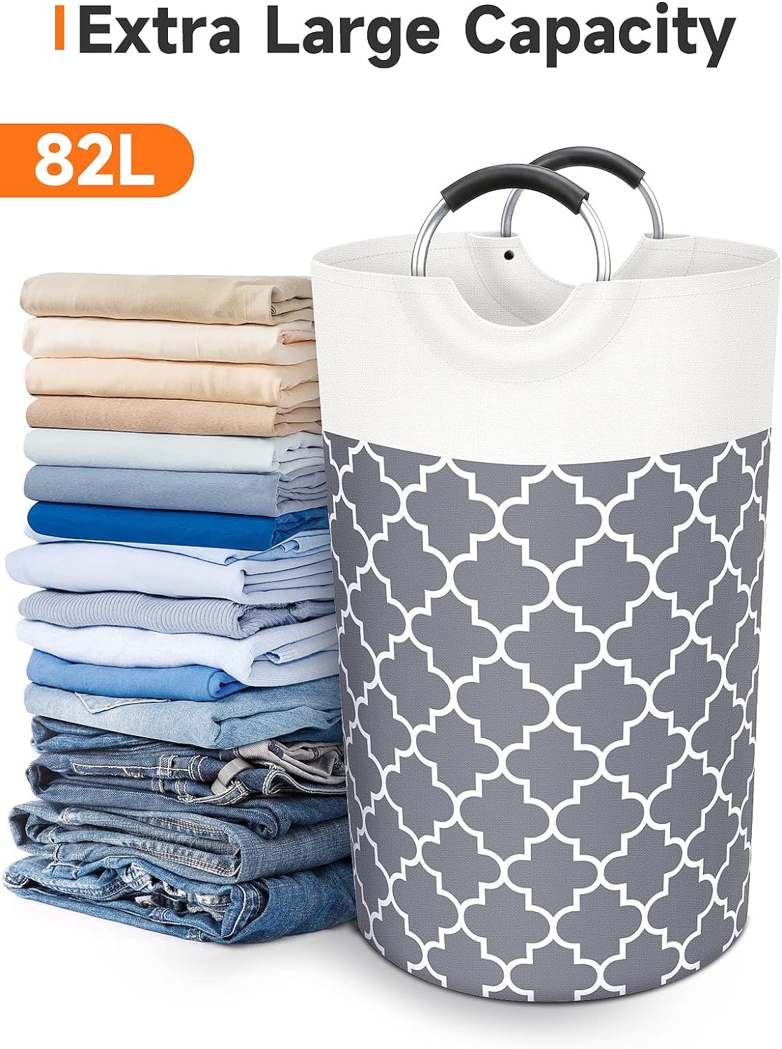 Large Laundry Basket Collapsible Tall With Handles Waterproof Travel Bathroom Essentials Storage For Dorm, Family (Grey),82L