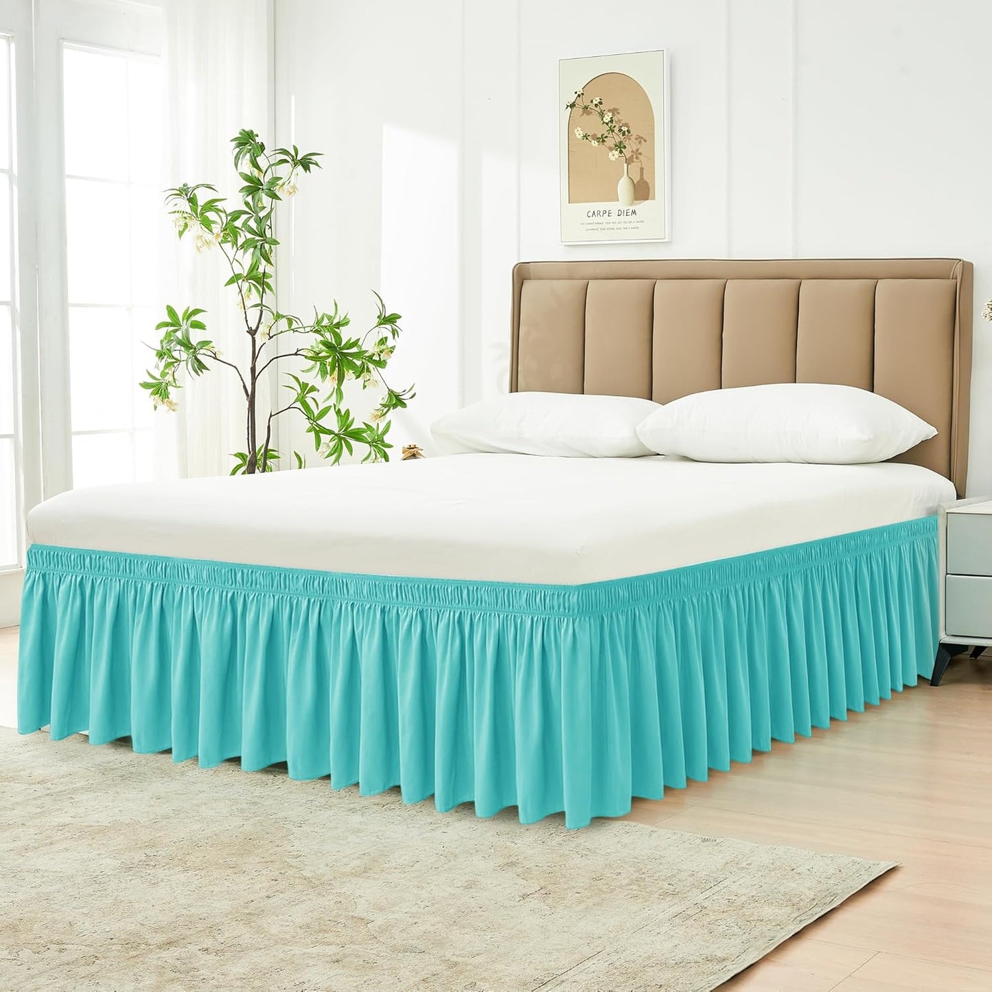 Wrap Around Bed Skirts 15" Drop, Aqua Adjustable Elastic Dust Ruffles Easy Fit Wrinkle & Fade Resistant Machine Washable ,Aqua