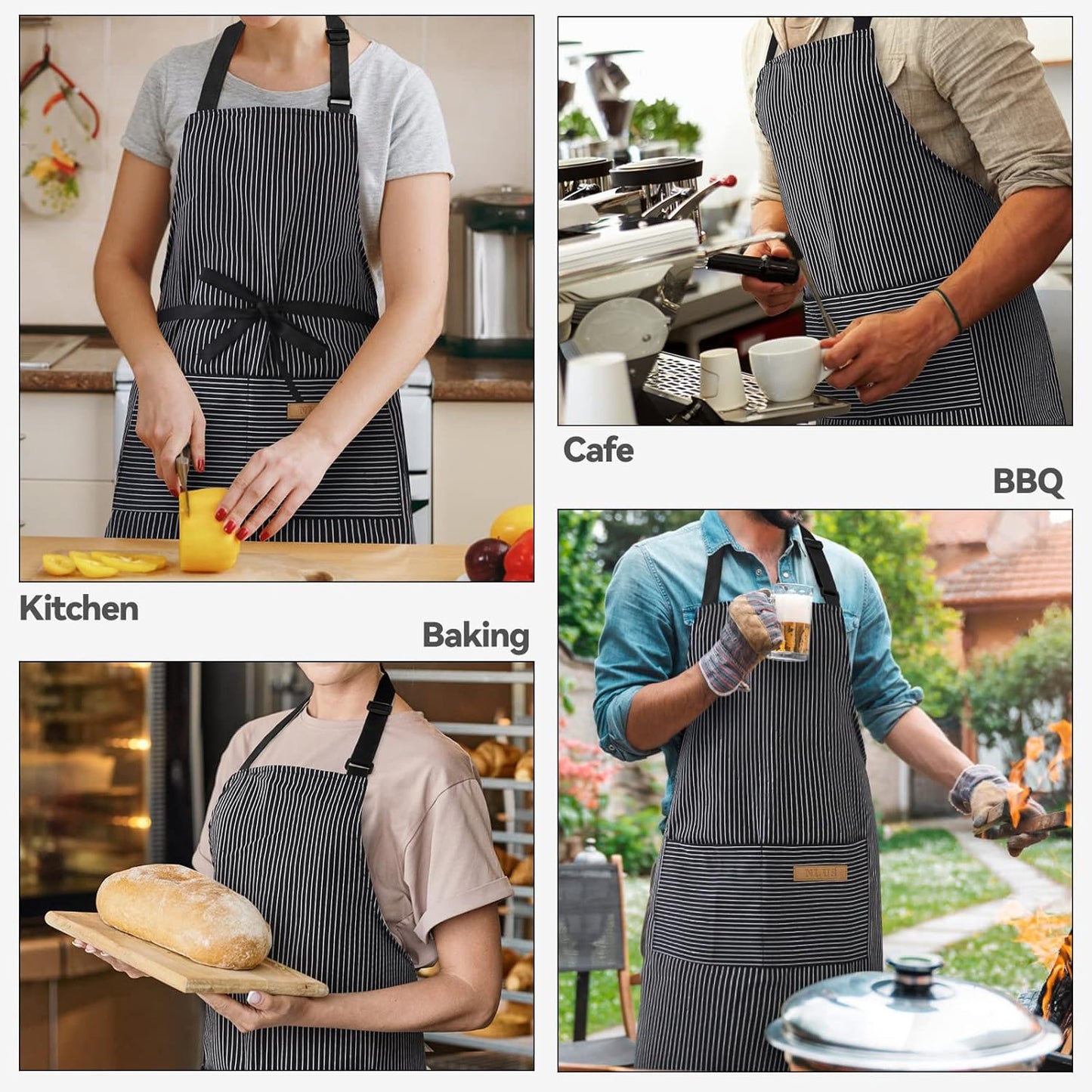 2 Pack Kitchen Cooking Aprons, Adjustable Bib Soft Chef Apron with 2 Pockets for Men Women(Black/Black Pinstripes)