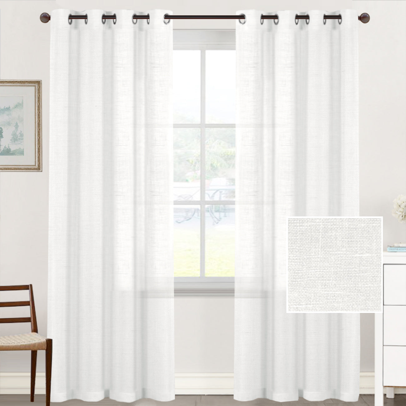 Natural Linen Sheer Curtains 2 Panels, Grommet Semitransparent Semi-Sheer Soft Comfort Privacy Drapes, White