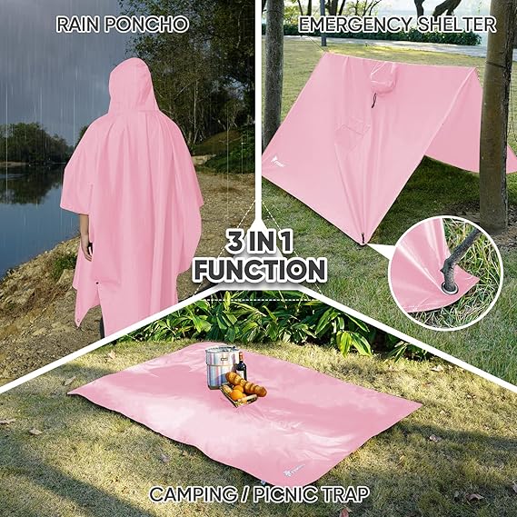 Hooded Rain Poncho for Adult with Pocket, Waterproof Lightweight Unisex Raincoat for Hiking Camping Emergency ,Pink