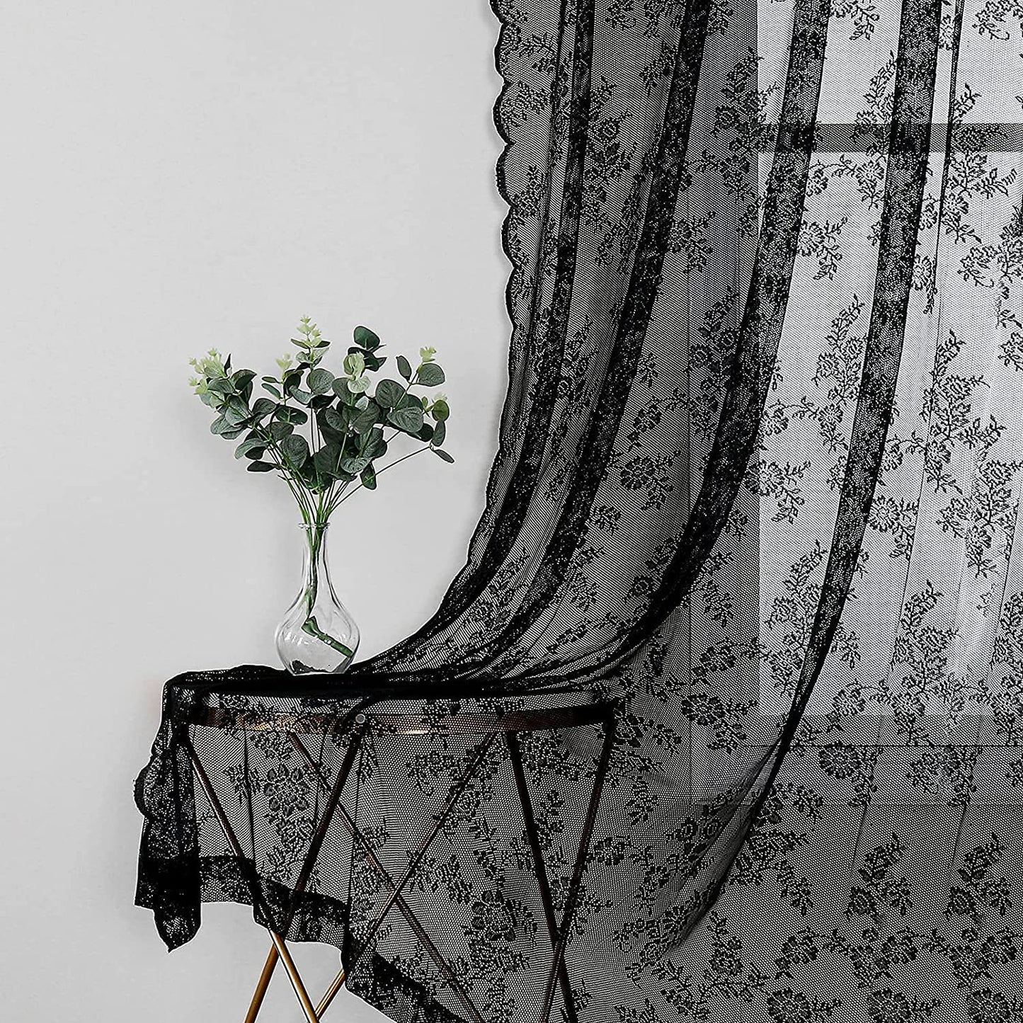 Black Lace Sheer Curtains for Bedroom Farmhouse French Floral Rose Lace Curtain Panels Durable Flower Embeoidered Window Treatment Drapes for Living Room Christmas Holiday, Set of 2