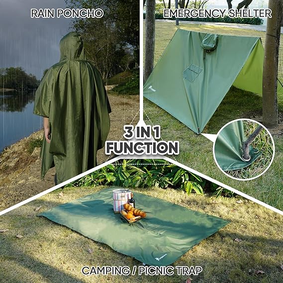 Hooded Rain Poncho for Adult with Pocket, Waterproof Lightweight Unisex Raincoat for Hiking Camping Emergency ,Green