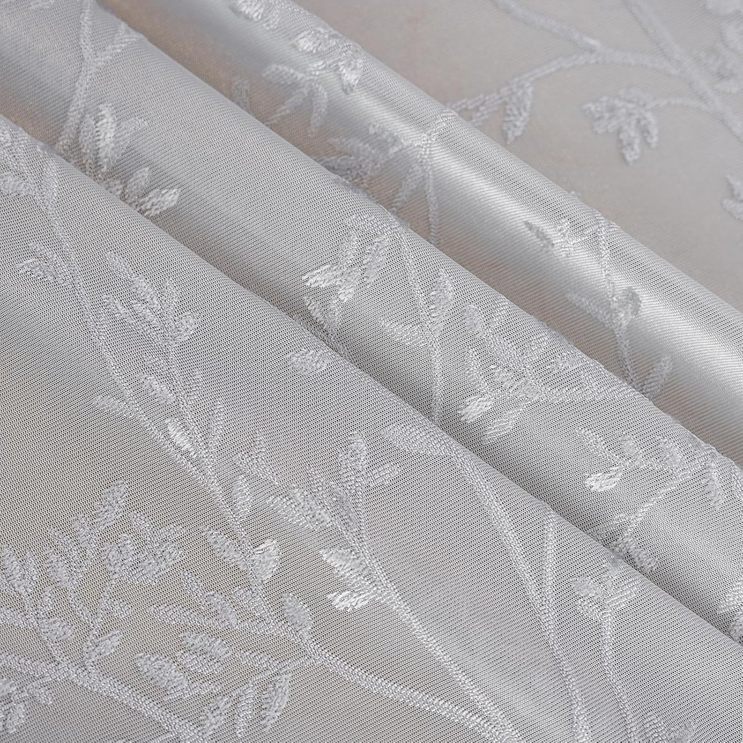 Grey Lace Sheer Curtains, Farmhouse Leaf Jacquard Grommet Window Curtain for Living Room/Bedroom, Voile Sheer Panel Drapes