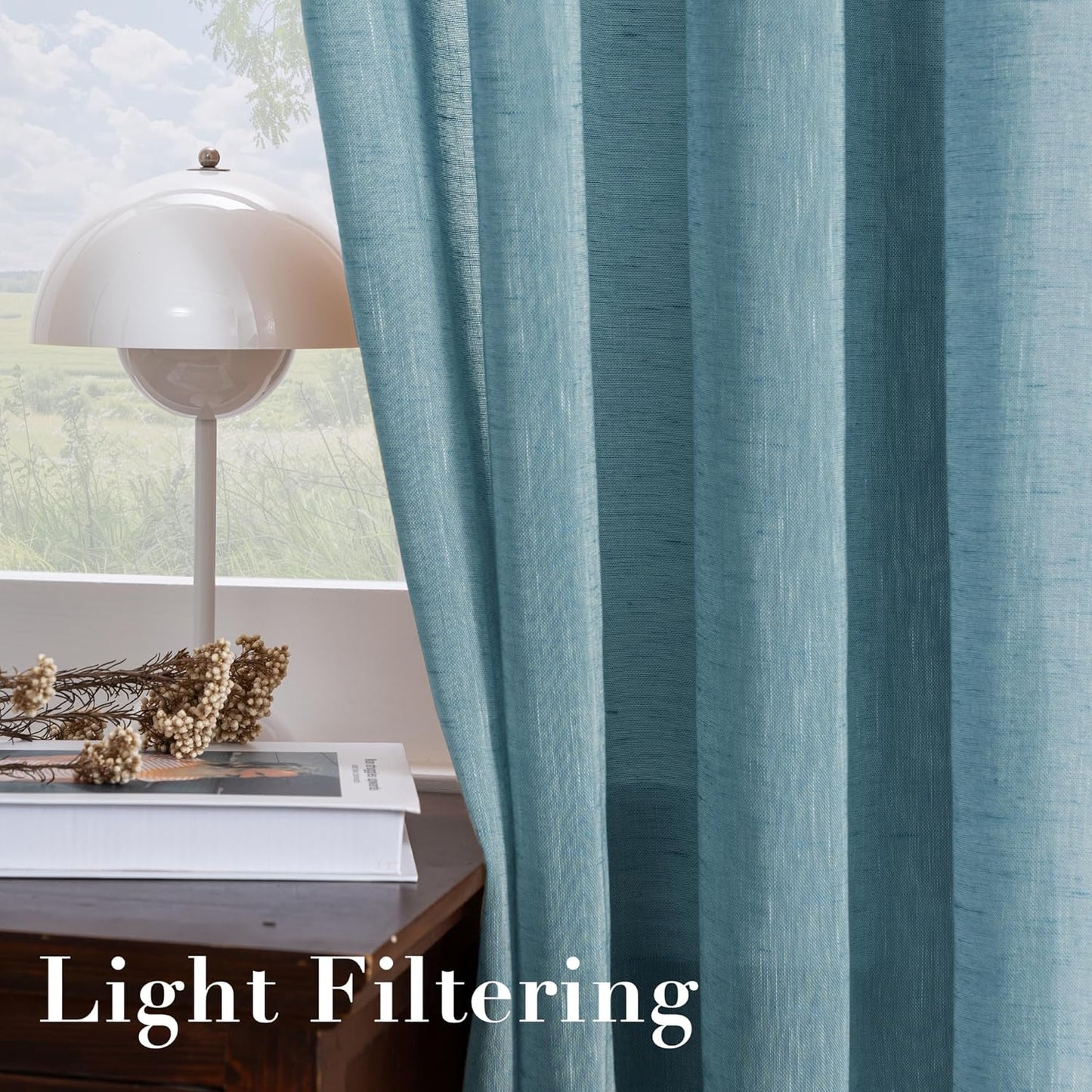 Natural Linen Sheer Curtains 2 Panels, Rod Pocket Semitransparent Semi-Sheer Soft Comfort Privacy Drapes,Stone Blue