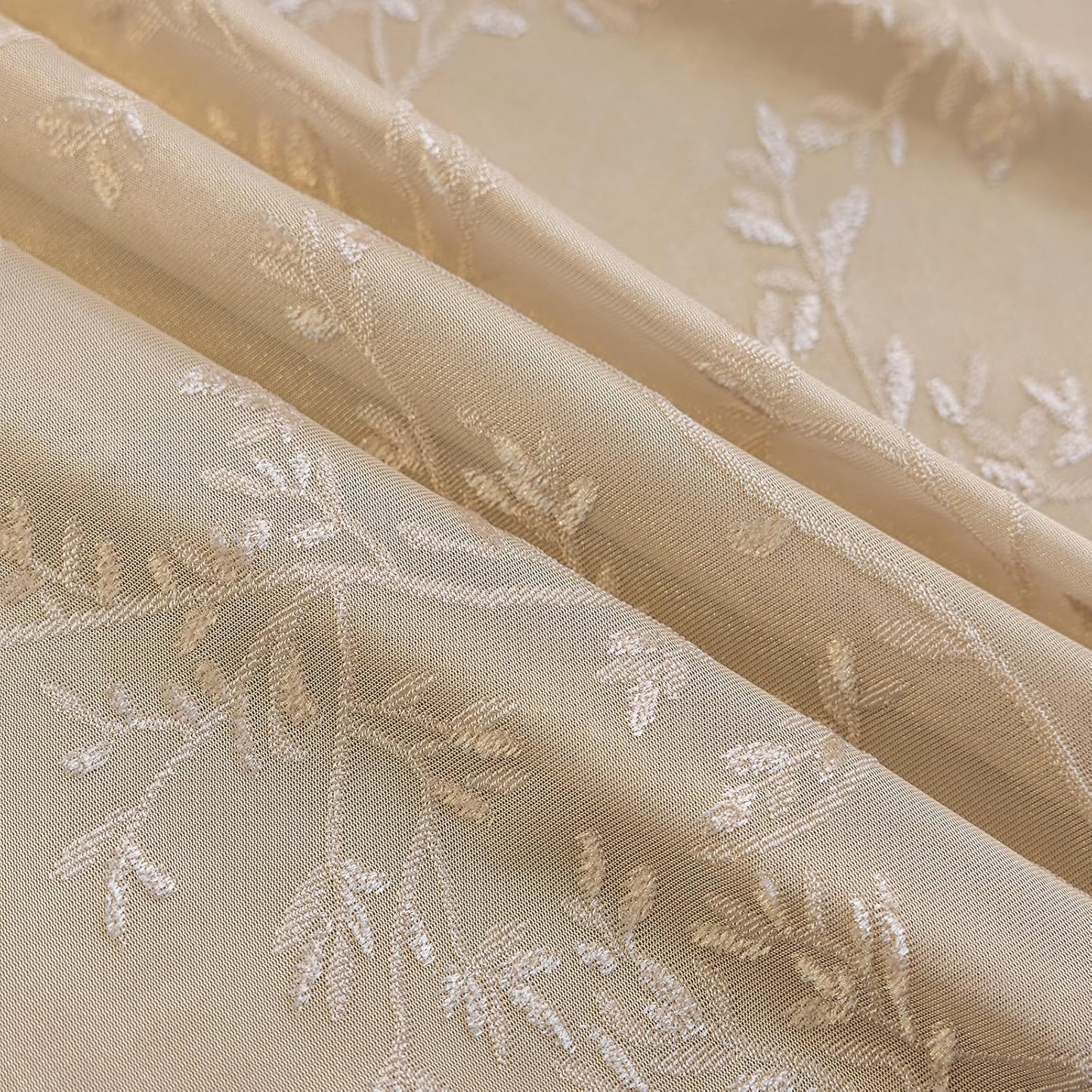 Beige Lace Sheer Curtains, Farmhouse Leaf Jacquard Grommet Window Curtain for Living Room/Bedroom, Voile Sheer Panel Drapes