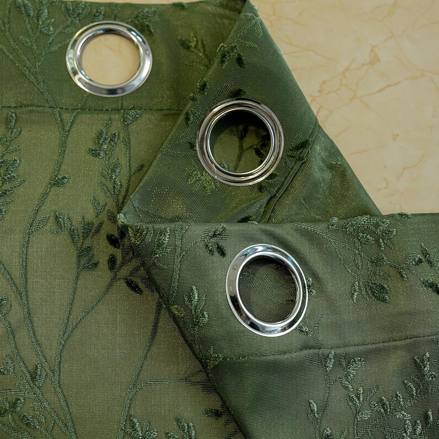 Green Lace Sheer Curtains, Farmhouse Leaf Jacquard Grommet Window Curtain for Living Room/Bedroom, Voile Sheer Panel Drapes