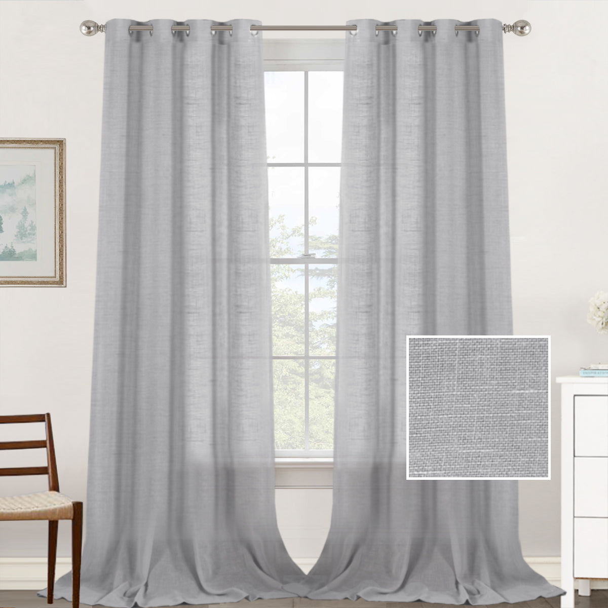 Natural Linen Sheer Curtains 2 Panels, Grommet Semitransparent Semi-Sheer Soft Comfort Privacy Drapes,Grey