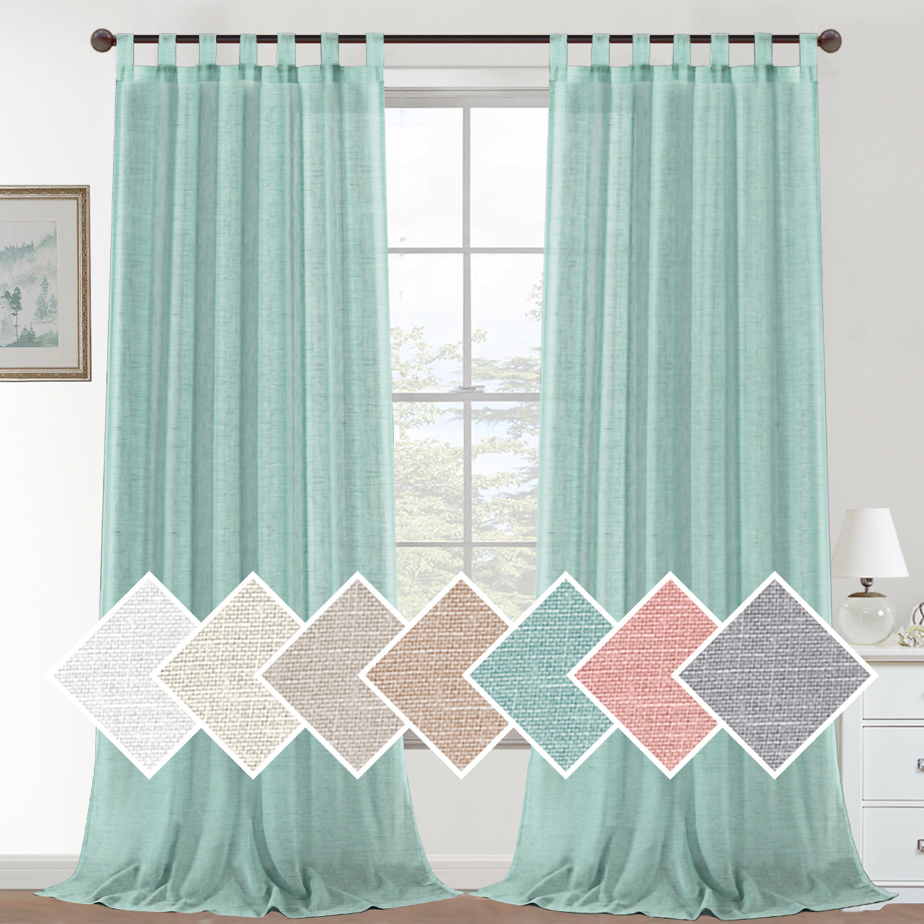 Natural Linen Sheer Curtains 2 Panels, Tab Top Semitransparent Semi-Sheer Soft Comfort Privacy Drapes,Sage