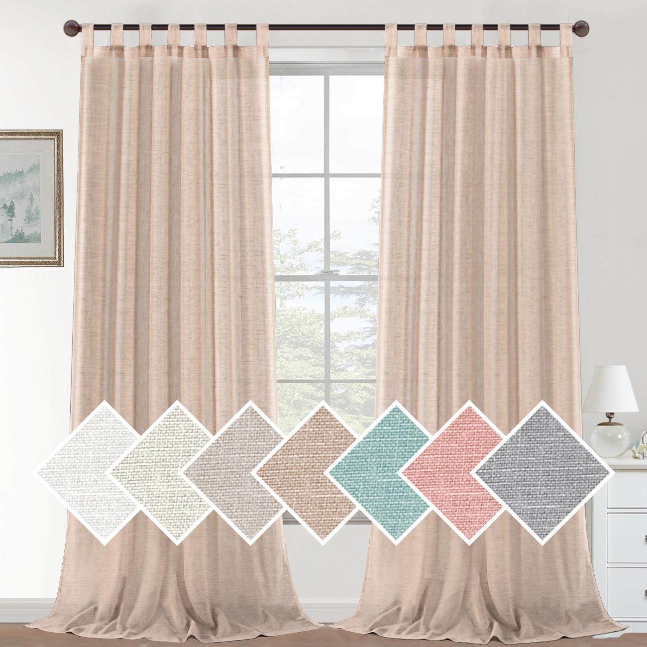 Natural Linen Sheer Curtains 2 Panels, Tab Top Semitransparent Semi-Sheer Soft Comfort Privacy Drapes,Natural