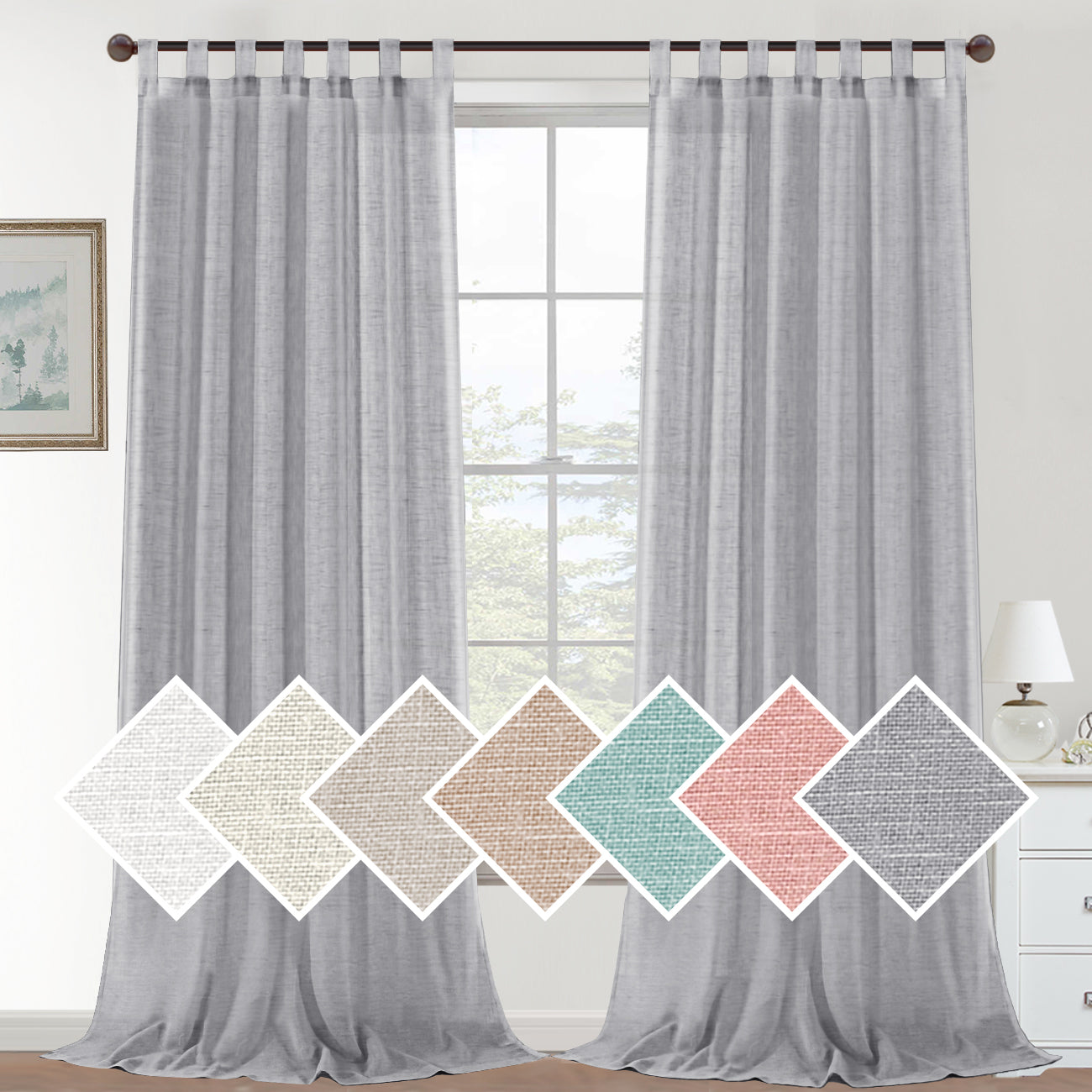 Natural Linen Sheer Curtains 2 Panels, Tab Top Semitransparent Semi-Sheer Soft Comfort Privacy Drapes,Grey