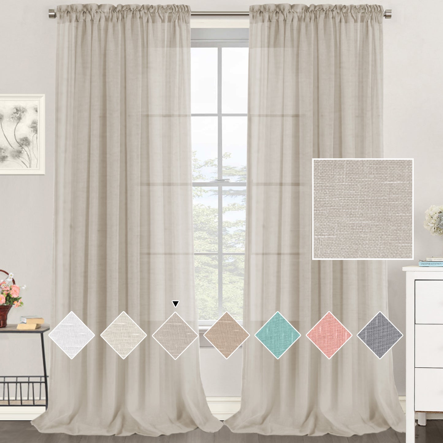 Natural Linen Sheer Curtains 2 Panels, Rod Pocket Semitransparent Semi-Sheer Soft Comfort Privacy Drapes,Linen