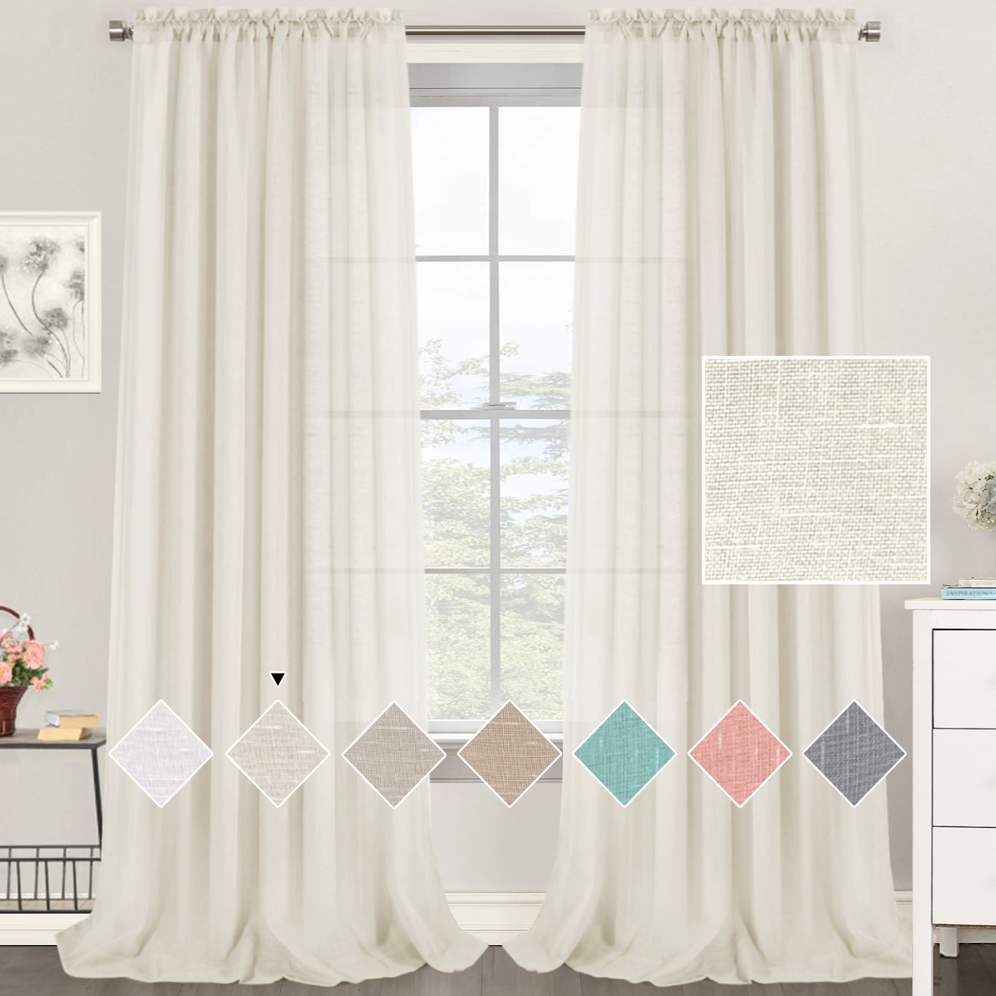 Natural Linen Sheer Curtains 2 Panels, Rod Pocket Semitransparent Semi-Sheer Soft Comfort Privacy Drapes,Ivory