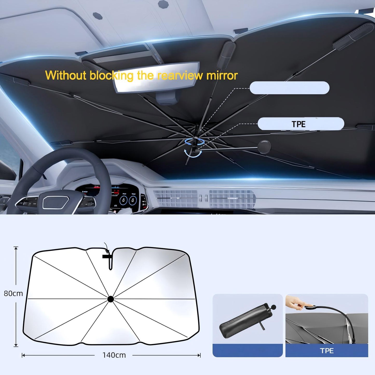 Windshield Sun Shade Umbrella - Protect Car from Sun Rays & Heat Damage Keep Cool and Protect Interior, Spring Structure,Umbrella handle bent,Top opening,Silvery