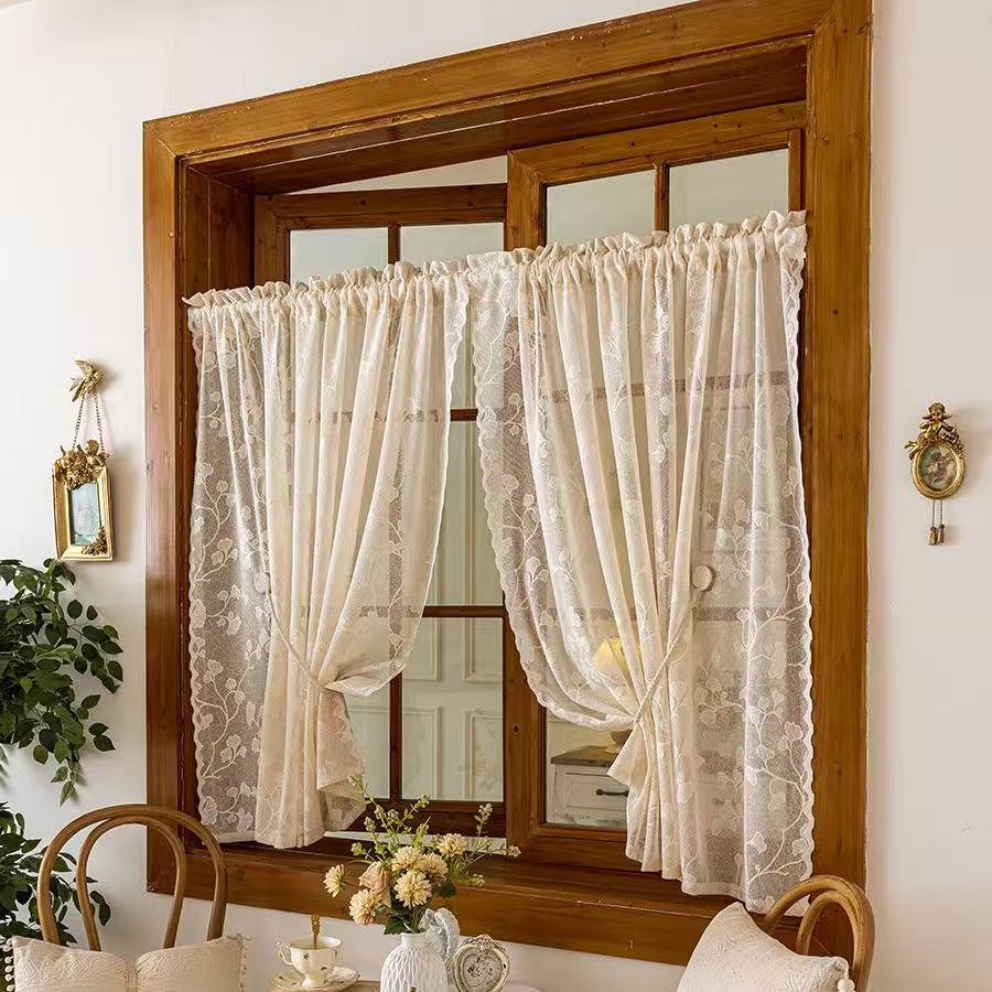 Vintage Lace Curtains Romantic Ginkgo biloba leaves pattern Curtains Panels for Kithchen Living Room French Door, Beige