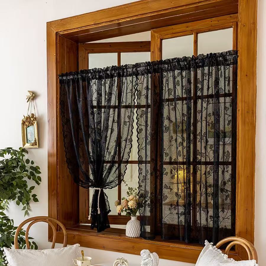 Vintage Lace Curtains Romantic Ginkgo biloba leaves pattern Curtains Panels for Kithchen Living Room French Door, Black