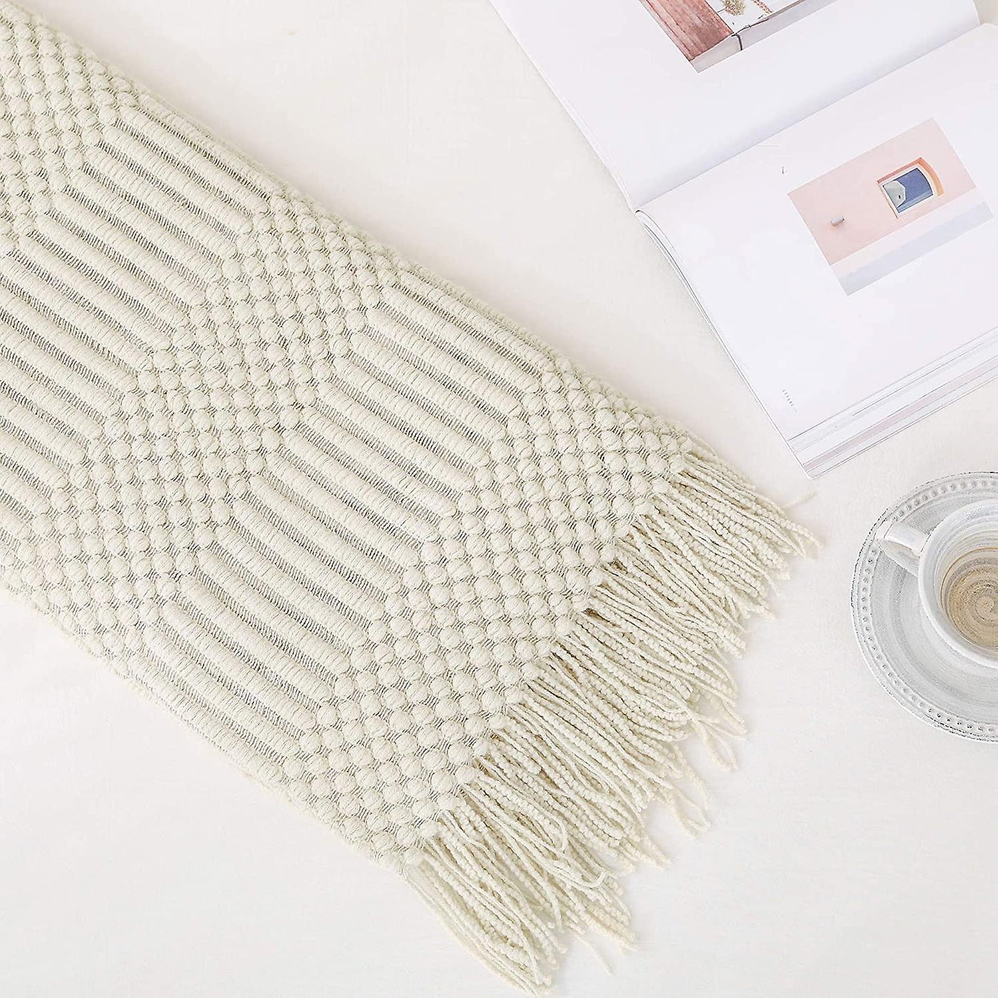 Textured throw blanket solid soft for sofa couch decorative knitted blanket, beige