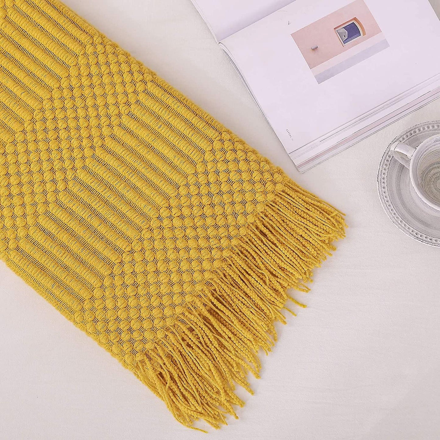 Textured throw blanket solid soft for sofa couch decorative knitted blanket, yellow