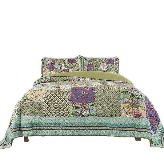 Cotton patchwork bedspreads sets with real stitched embroidery floral pattern (1 quilt plus 2 pillowcase)