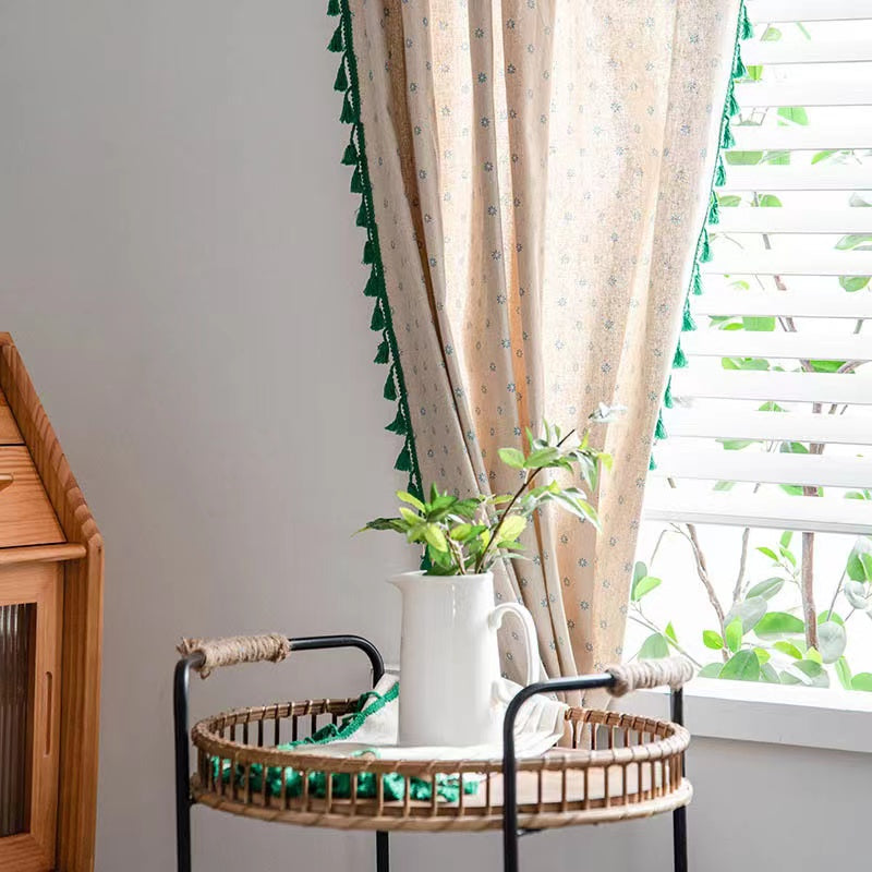 Panels Boho Windows Sheer Curtains Crochet Vintage Cotton Tassel Window Curtains Panels for Bedroom Living Room (Green Tassel)