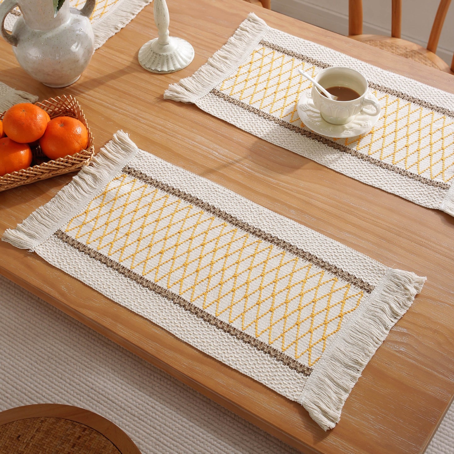 Hemp rope woven belt tassel drainage shrinkproof soft wrinkle resistant kitchen decorative cloth tablecloth(Yellow grid)
