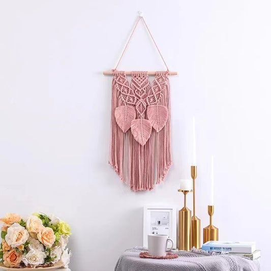 Wall Hanging Decor, Geometric Woven Tapestry Rack,kidsroom decor,Chic Cotton Handmade Bohemian Art(Pink)