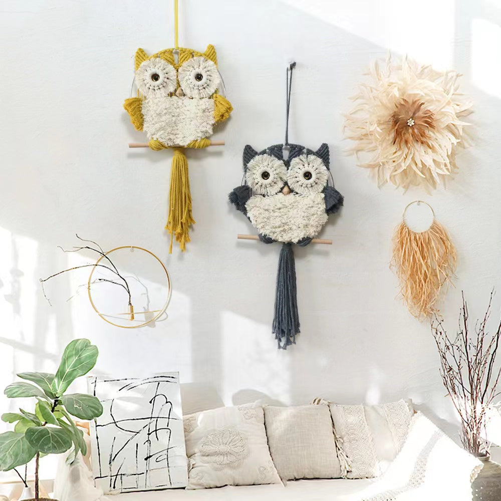 Wall Hanging Decor, Geometric Woven Tapestry Rack,Chic Cotton Handmade Bohemian Art(YELLOW OWL)