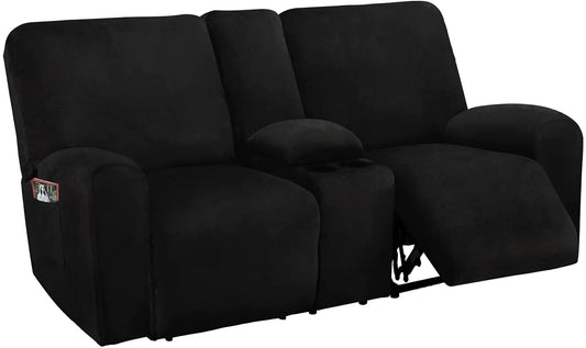2 Seater with Middle Console Slipcover, Velvet Stretch Loveseat Reclining Sofa Covers, Thick, Soft, Washable, Black