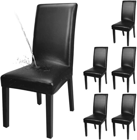 Dining Chair Covers, Solid Pu Leather Waterproof and Oilproof Stretch Slipcover, 2/4/6/8, Black
