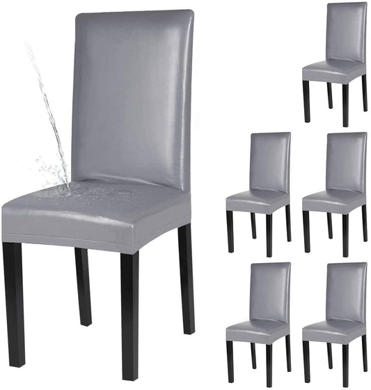 Dining Chair Covers, Solid Pu Leather Waterproof and Oilproof Stretch Slipcover, 2/4/6/8, Grey