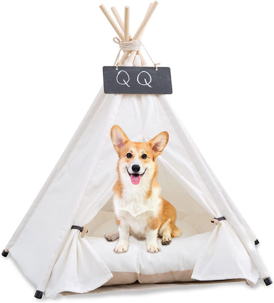 Pet Teepee with Cushion for Dogs and Cats Puppies House with Bed Pet Tent Bed Indoor Outdoor, Off White