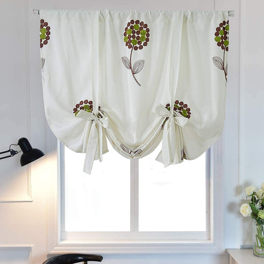 1x Floral Embroidered Farmhouse Tie Up Shade Curtain for Small Window Rod Pocket