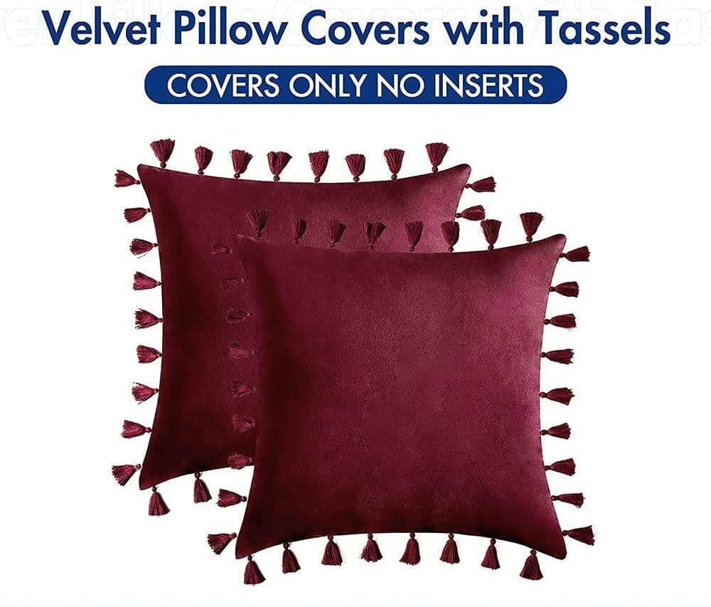 Pack of 2 Velvet Soft Solid Decorative Throw Pillows with Tassels Fringe Boho Accent Cushion for Couch Sofa Bed, Burgundy