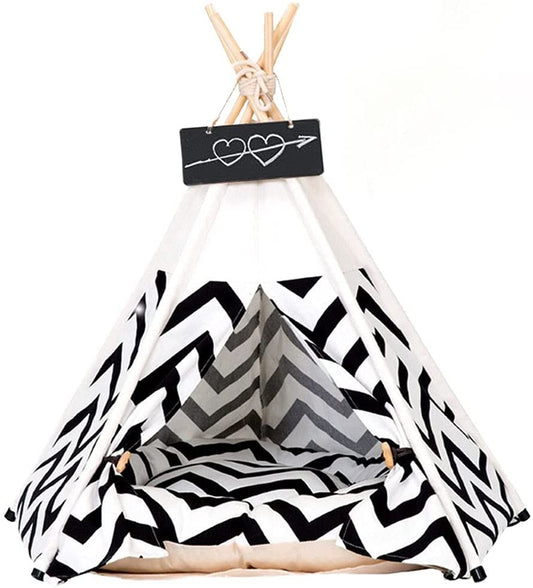 Pet Teepee with Cushion for Dogs and Cats Puppies House with Bed Pet Tent Bed Indoor Outdoor, Off White