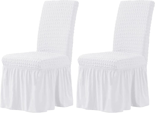 Stretchy Dining Room Chair Covers with Long Skirt, Suitable for families, parties, dirt resistant ,Set of 2/4/6/8 PCS,White